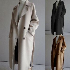 Women Winter Long Jacket Coat Outwear Belt Trench Cashmere Wool Blend Parka
